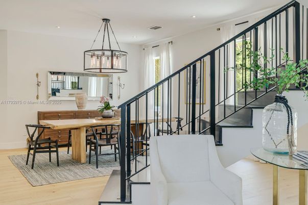 Dining room, Interior, Pendant Lights, Recessed Lighting, Wood Texture Flooring