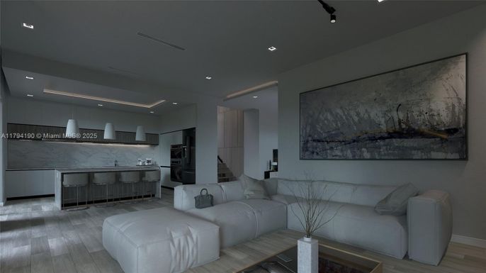 Interior, Kitchen, Living room, Marble Walls, Recessed Lighting, Wood Texture Flooring