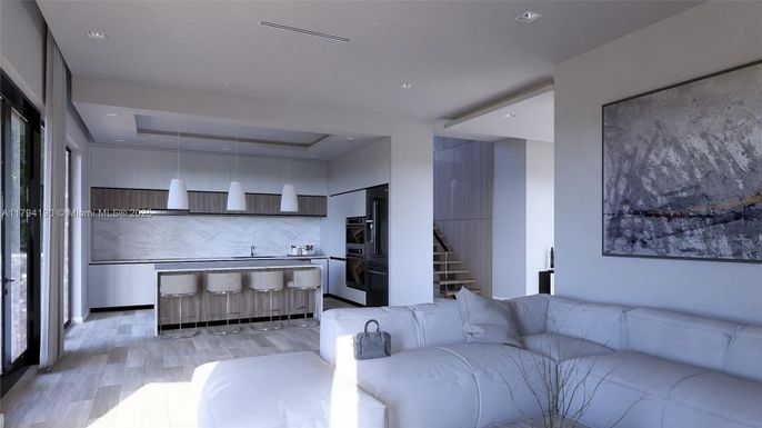 Interior, Kitchen, Living room, Marble Walls, Pendant Lights, Recessed Lighting, Stainless Steel Appliances, Wood Texture Flooring