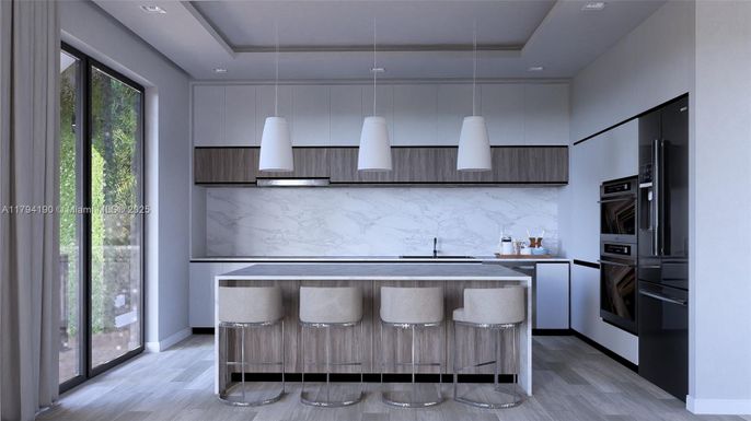 Interior, Kitchen, Marble Walls, Pendant Lights, Recessed Lighting, Stainless Steel Appliances, Wood Texture Flooring