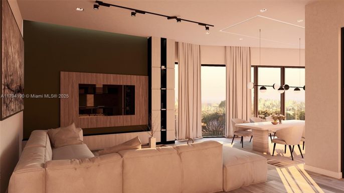 Dining room, Interior, Living room, Pendant Lights, Recessed Lighting, Wood Texture Flooring