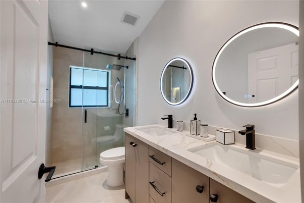 Bathroom, Dual Sink Vanities, Glass Shower, Interior, Recessed Lighting