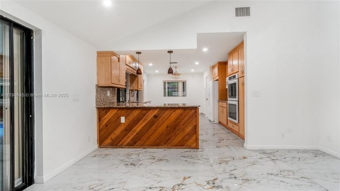 Interior, Kitchen, Marble, Pendant Lights, Recessed Lighting, Stainless Steel Appliances