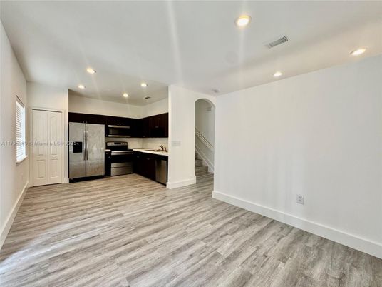 Interior, Kitchen, Recessed Lighting, Stainless Steel Appliances, Wood Texture Flooring