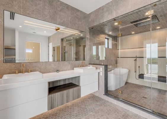 Bathroom, Dual Sink Vanities, Free Standing Baths, Glass Shower, Interior, Recessed Lighting