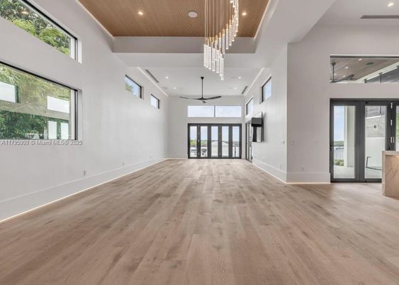 Chandelier, Empty room, Interior, Pendant Lights, Recessed Lighting, Wooden Ceilings, Wood Texture Flooring