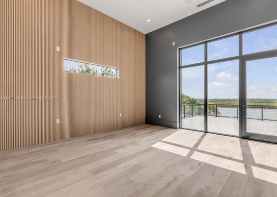 Empty room, Interior, Recessed Lighting, Water, Wood Texture Flooring