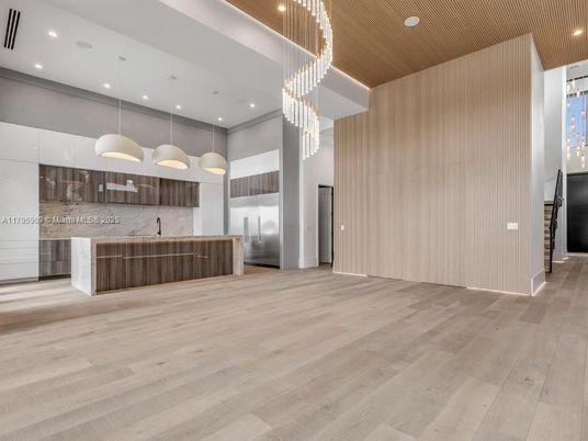 Chandelier, Interior, Kitchen, Pendant Lights, Recessed Lighting, Stainless Steel Appliances, Wood Texture Flooring