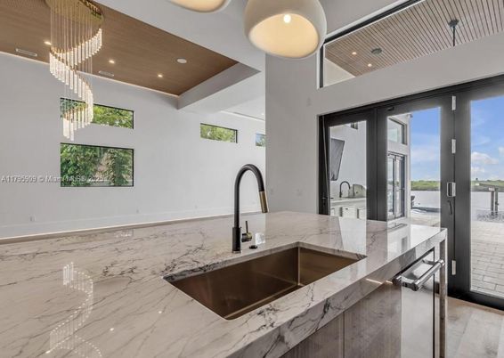 Interior, Kitchen, Marble, Pendant Lights, Recessed Lighting, Wooden Ceilings