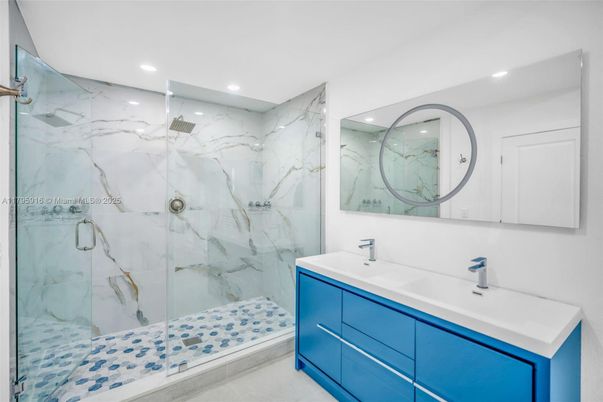Bathroom, Glass Shower, Interior, Marble Walls, Recessed Lighting