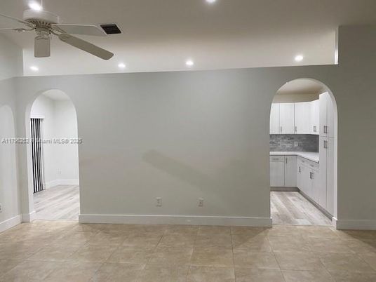 Empty room, Interior, Kitchen, Recessed Lighting, Wood Texture Flooring