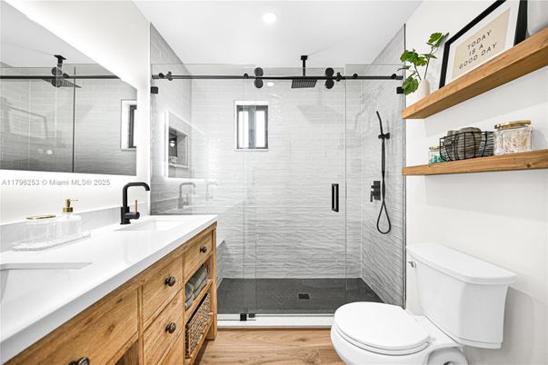 Bathroom, Glass Shower, Interior, Recessed Lighting, Wood Texture Flooring