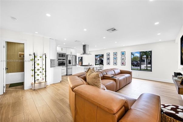Interior, Kitchen, Living room, Recessed Lighting, Stainless Steel Appliances, Wood Texture Flooring
