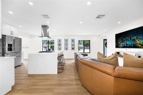 Interior, Kitchen, Living room, Recessed Lighting, Stainless Steel Appliances, Wood Texture Flooring