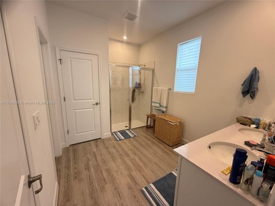 Bathroom, Glass Shower, Interior, Recessed Lighting, Wood Texture Flooring