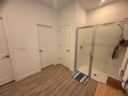 Bathroom, Glass Shower, Interior, Wood Texture Flooring