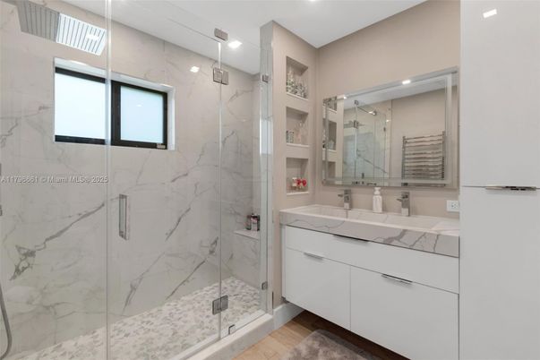 Bathroom, Glass Shower, Interior, Marble Walls, Recessed Lighting