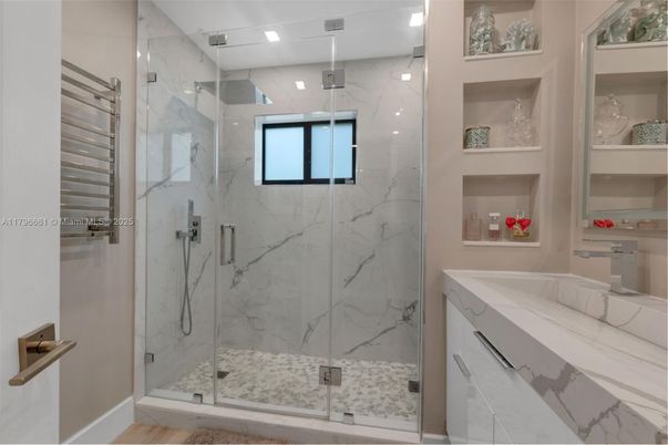 Bathroom, Glass Shower, Interior, Marble Walls, Recessed Lighting