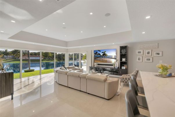 Dining room, Fireplace, Interior, Living room, Recessed Lighting, Water