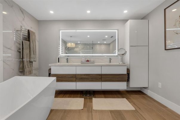 Interior, Kitchen, Marble Walls, Pendant Lights, Recessed Lighting, Wood Texture Flooring