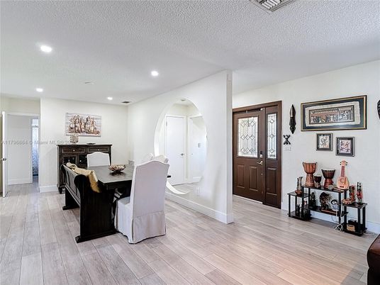Dining room, Interior, Recessed Lighting, Wood Texture Flooring