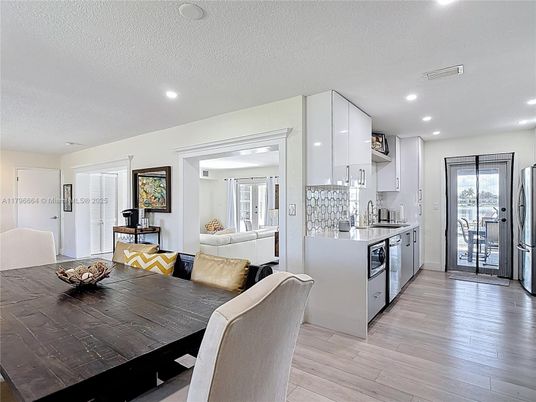 Dining room, Interior, Kitchen, Living room, Recessed Lighting, Wood Texture Flooring