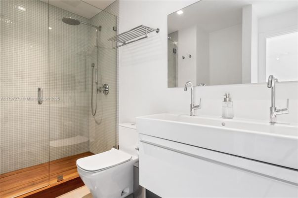 Bathroom, Glass Shower, Interior, Recessed Lighting, Wood Texture Flooring