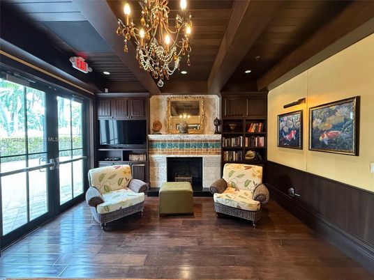 Chandelier, Fireplace, Interior, Recessed Lighting, Wooden Beams, Wooden Ceilings, Wood Texture Flooring
