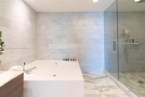 Bathroom, Glass Shower, Interior, Marble, Marble Walls, Recessed Lighting