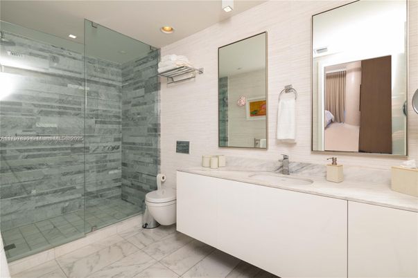 Bathroom, Dual Sink Vanities, Glass Shower, Interior, Marble, Recessed Lighting