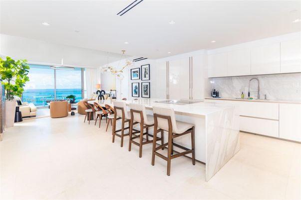 Dining room, Interior, Kitchen, Marble Walls, Pendant Lights, Recessed Lighting, Water