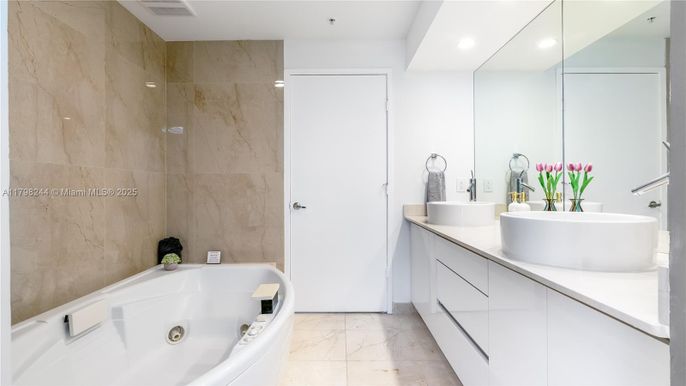 Bathroom, Dual Sink Vanities, Interior, Marble, Recessed Lighting