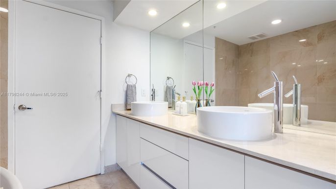 Bathroom, Dual Sink Vanities, Glass Shower, Interior, Marble, Recessed Lighting