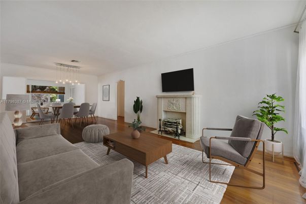 Dining room, Fireplace, Interior, Living room, Pendant Lights, Wood Texture Flooring