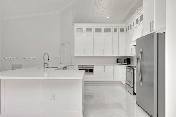 Interior, Kitchen, Marble, Recessed Lighting, Stainless Steel Appliances