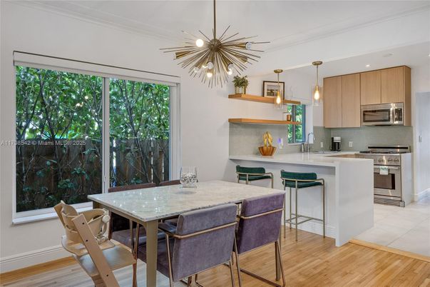 Dining room, Interior, Kitchen, Pendant Lights, Recessed Lighting, Stainless Steel Appliances, Wood Texture Flooring