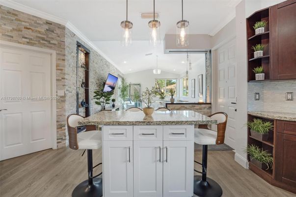 Interior, Pendant Lights, Recessed Lighting, Stone Walls, Wood Texture Flooring