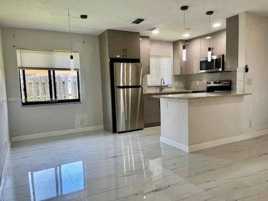 Interior, Kitchen, Marble, Pendant Lights, Recessed Lighting, Stainless Steel Appliances