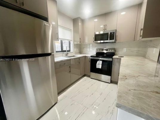 Interior, Kitchen, Marble, Recessed Lighting, Stainless Steel Appliances