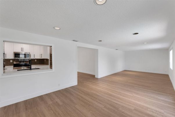 Empty room, Interior, Kitchen, Recessed Lighting, Wood Texture Flooring