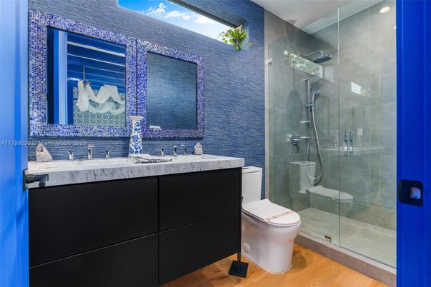 Bathroom, Glass Shower, Interior, Recessed Lighting, Wood Texture Flooring