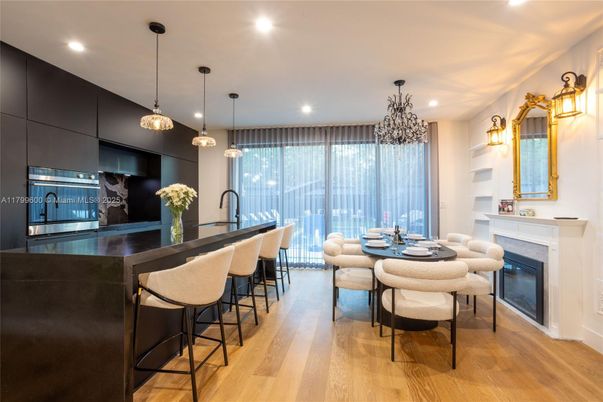 Dining room, Fireplace, Interior, Kitchen, Pendant Lights, Recessed Lighting, Wood Texture Flooring