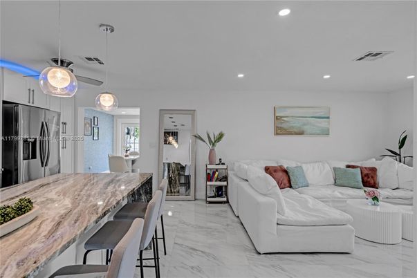 Interior, Kitchen, Living room, Marble, Pendant Lights, Recessed Lighting, Stainless Steel Appliances
