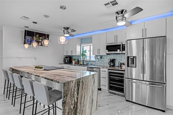 Interior, Kitchen, Marble, Pendant Lights, Stainless Steel Appliances