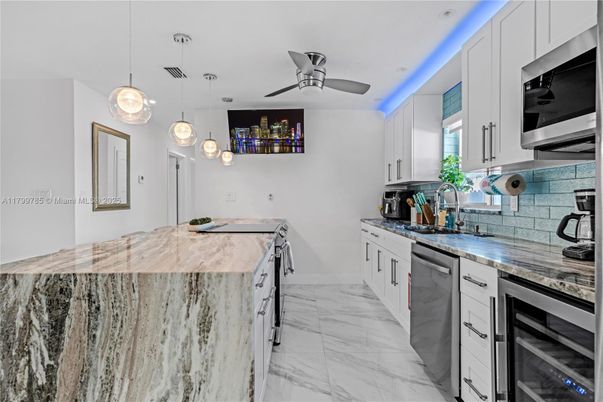 Interior, Kitchen, Marble, Pendant Lights, Recessed Lighting, Stainless Steel Appliances