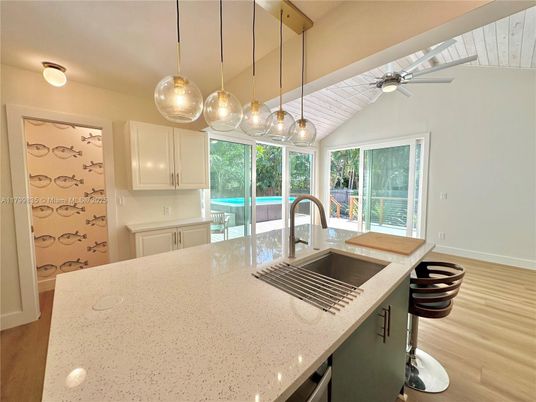 Interior, Kitchen, Pendant Lights, Wood Texture Flooring