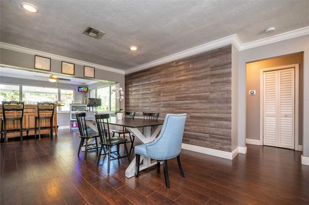 Dining room, Interior, Recessed Lighting, Wood Texture Flooring, Wooden Walls