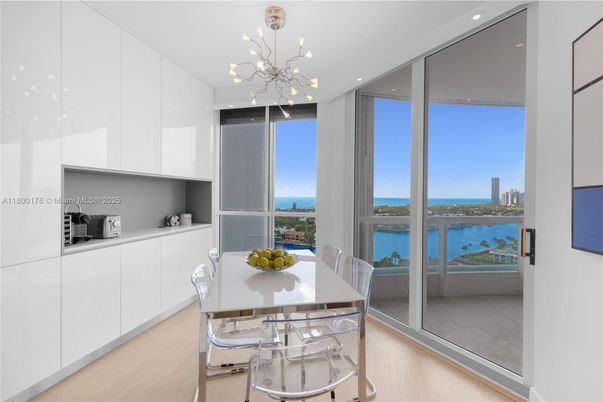 Dining room, Interior, Kitchen, Pendant Lights, Recessed Lighting, Water, Wood Texture Flooring