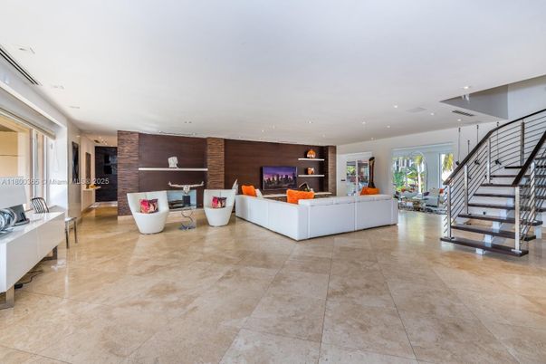 Fireplace, Interior, Living room, Recessed Lighting, Stone Walls