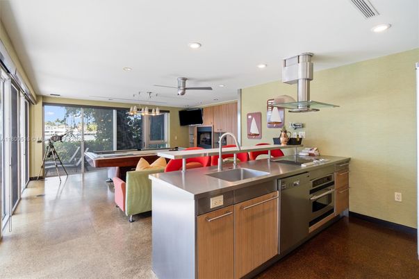 Billiard Table, Game Room, Interior, Kitchen, Pendant Lights, Recessed Lighting, Stainless Steel Appliances